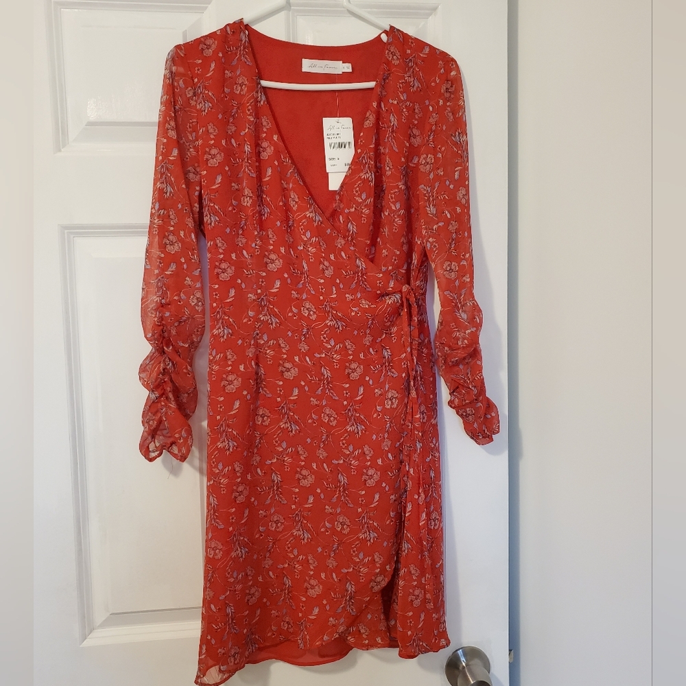 NWT Rouched Long Sleeve Red Sheer Floral Leaf Layered Tie Waist Dress WithTags